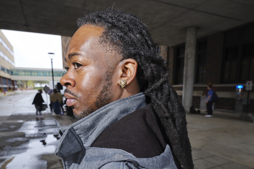 Jermaine House, a student at MATC, who works for and is part of the FASTFund, at the MACT Downtown Campus in Milwaukee, Wisconsin.