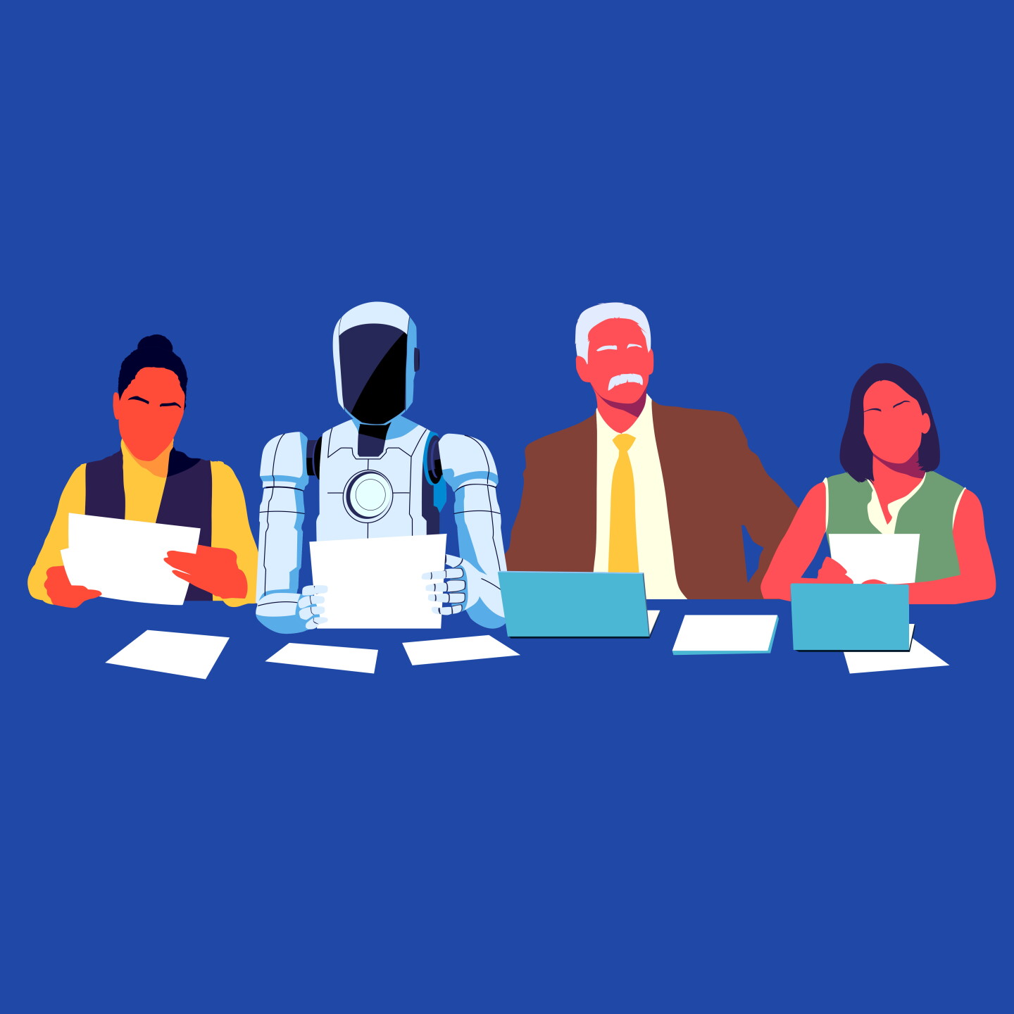 3 humans and 1 robot reviewing papers.