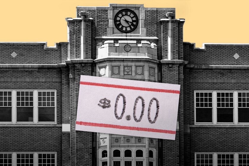 Photo-based illustration of a community college building with a price sticker for $0.00 on the front