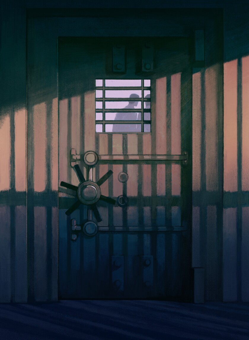 illustration of an armored door with research scholars visible through barred window