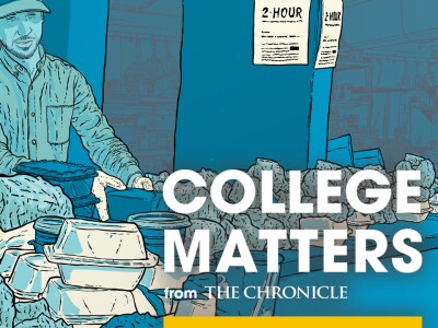 Illustration showing a man sorting used food containers in a campus dining hall