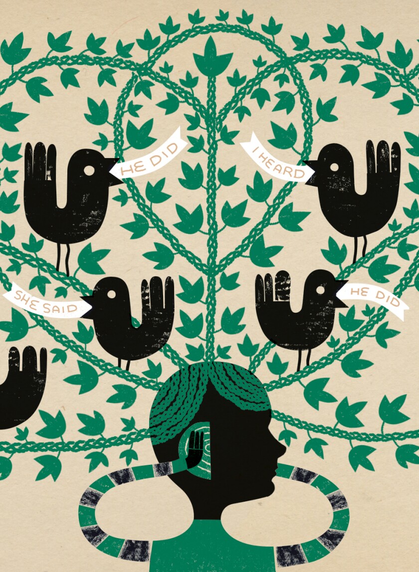 Illustration showing a flock of birds in a tree snitching and gossiping, above a woman covering her ears