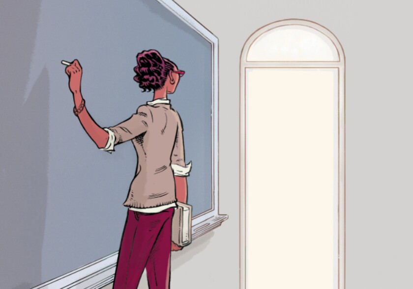 Illustration showing a professor at the blackboard looking out through and open doorway into the distance.