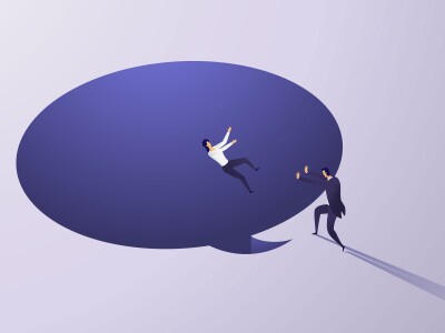 illustration of person pushing another person into a conversation bubble