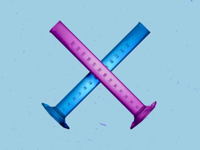 Photo-based illustration of a bluish and a pinkish graduated cylinders crossed in an X pattern.