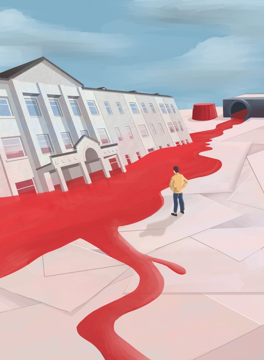 illustration of a university building drowning in red ink