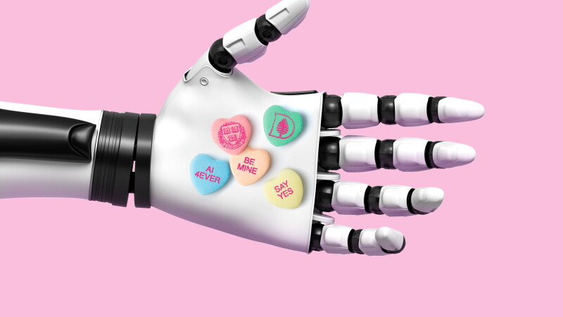 Photo-based illustration of a robotic hand with Valentine's-type heart candy with pink messages saying "AI 4EVER," "BE MINE," "SAY YES" and the Harvard and Dartmouth university logos