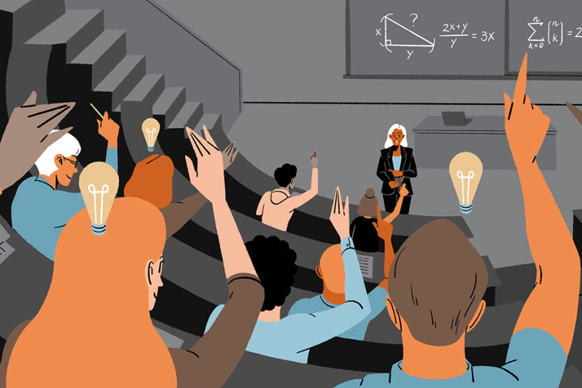 Illustration of a professor teaching in front a large group of students