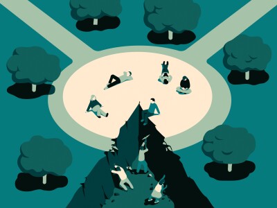 Illustration showing students lounging in a circular campus quad, while a pie-wedge-shaped ditch shows minority students struggling to climp their way up to join.