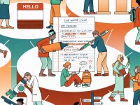 Illustration showing various scenarios with students working together and getting to know one another