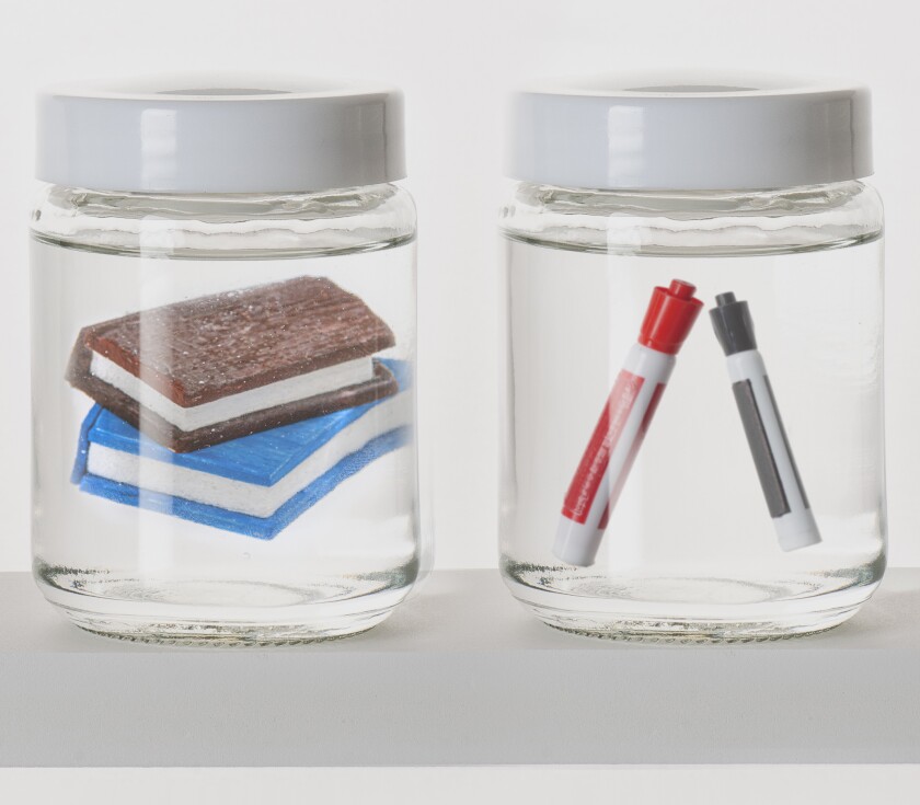 Illustration showing a shelf of lab specimen jars containing books and white-board markers.