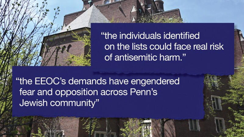 Photo illustration showing a photo of a campus building at Penn and two quotes from statements issued by Penn.