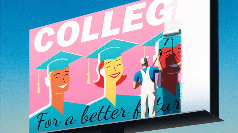 Illustration of a large roadside billboard promoting college, featuring smiling graduates in caps and gowns. A worker in overalls paints over one graduate’s face, partially erasing the image beneath the slogan “For a better future.”