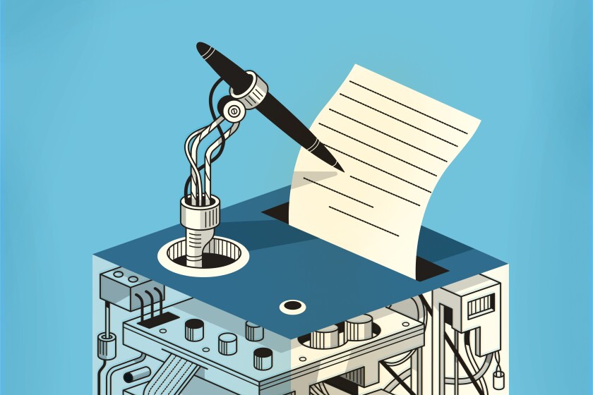 Illustration of a box with computerized components inside holding a pen and writing on a piece of paper.