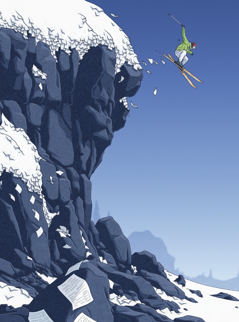 illustration of a skier going off a cliff of college applications