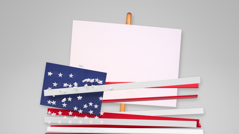 Illustration showing an American Flag disintegrating and intangled in a protest sign