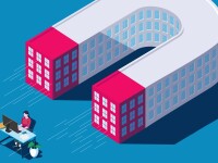Vector illustration of a building in the shape and colors of a traditional U-shaped magnet pulling on a woman working at her desk.