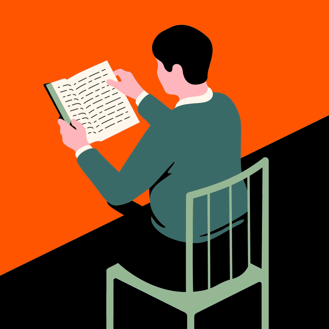 Animated GIF illustration showing a person at a desk holding a book. The words are falling off the pages onto the desktop.