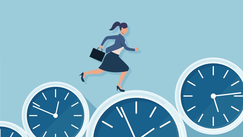 Illustration showing a female executive running up a hill made of clocks