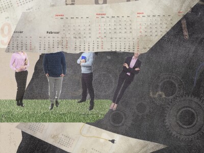 photo illustration of professors falling off a conveyer belt