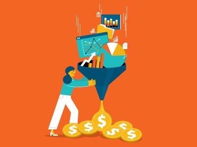 Vector illustration of a woman funneling data graphics into money