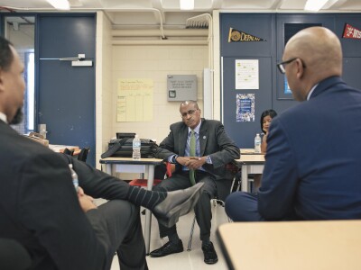 During a trip to Chicago, Walter Kimbrough meets with administrators at Urban Prep Academy, a charter school. He also spoke, one on one, to several students about their college plans.