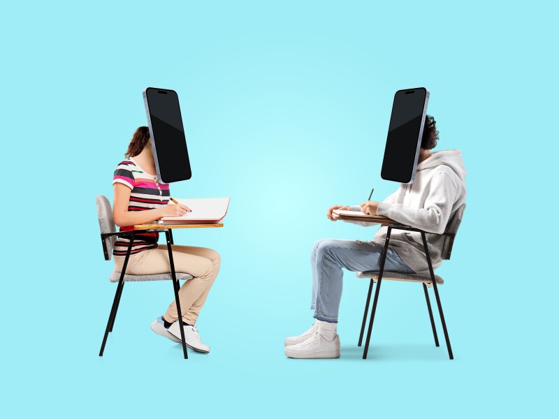Phot-based illustration of two students in chairs facing each other with their faces replaced by mobile phones.
