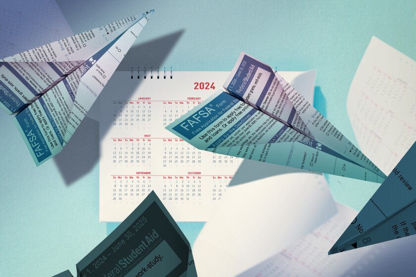 Photo-based illustration of FAFSA forms folded as paper airplanes flying through pages that have blown off a calendar