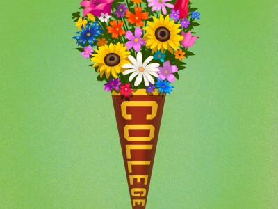 Illustration showing a bouquet ofcolorful flowers held in a college pennant