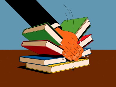 Illustration showing a man's orange-tinted hand destroying a stack of books with a karate chop
