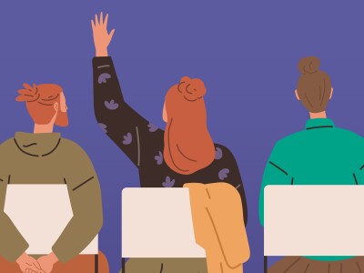 Illustration of the back of three adult students with the middle woman raising her hand