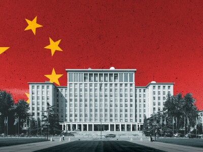 Composite image of the Tsinghua University Main building in China with the Chinese flag in the background.